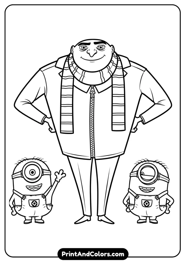 Line art of Gru standing with hands on hips, cartoon outline style, black-and-white