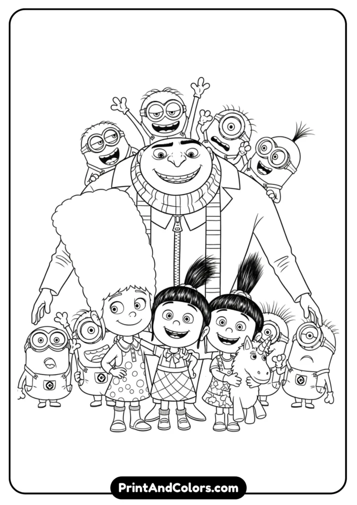 Gru surrounded by Minions and his foster daughters (Margo, Edith, Agnes), cartoon-style line drawing, outlined clearly for coloring.