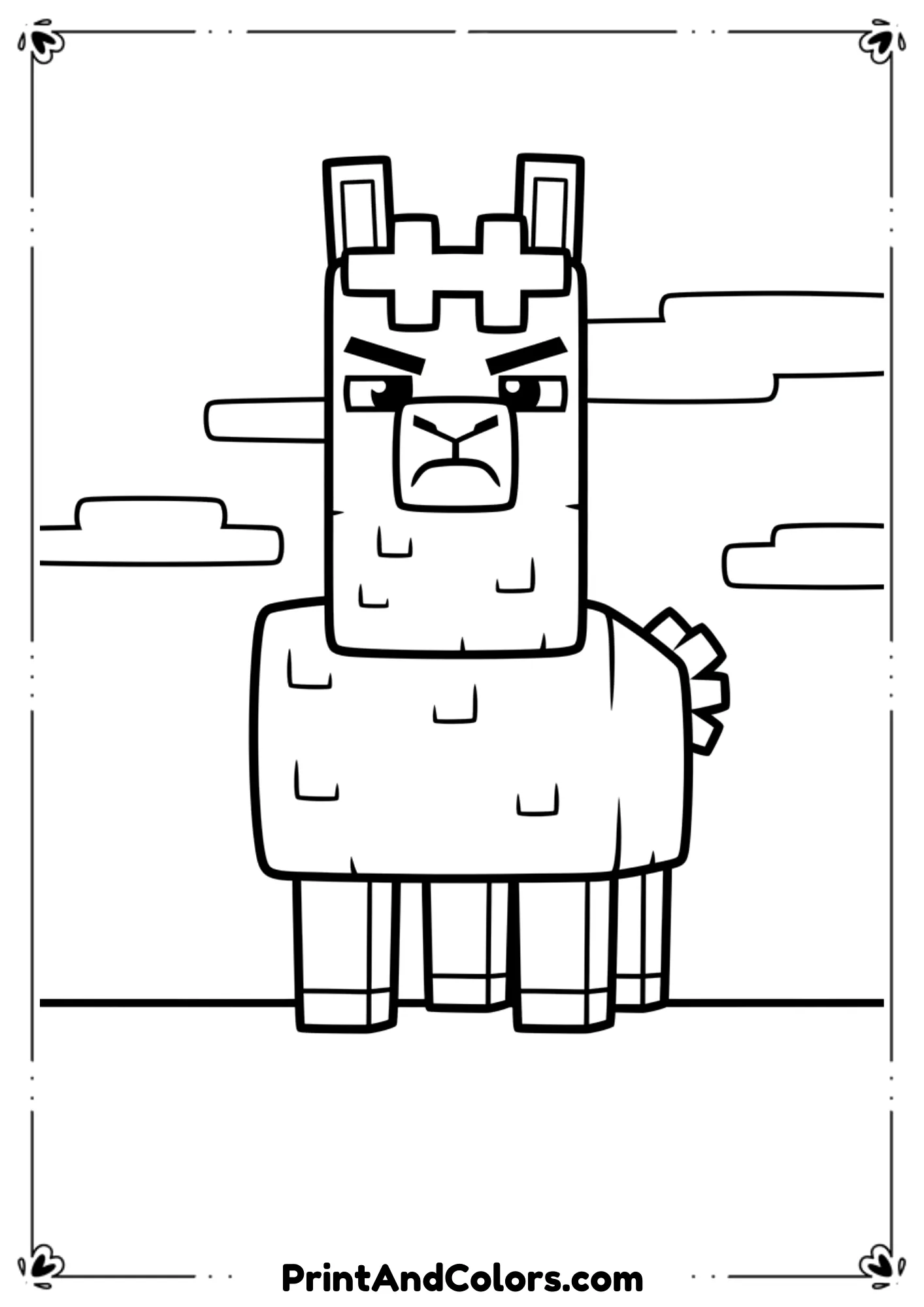 Black and white line drawing of a grumpy Minecraft movie-style llama with expressive face, blocky body, bold outlines, no shading, printable coloring page.
