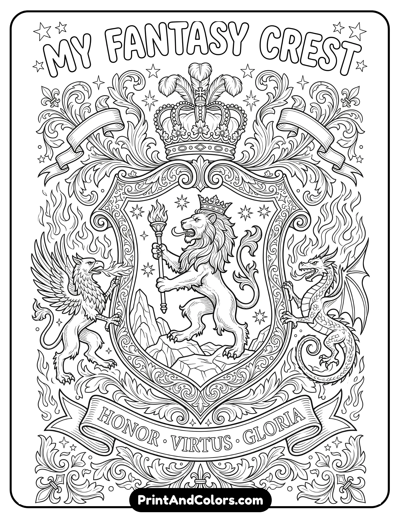 Detailed black and white fantasy crest coloring page featuring a lion emblem inside an ornate medieval shield with banners, stars, flames, and decorative patterns. Include elegant heraldic details and magical borders. Printable coloring book line art style with crisp outlines