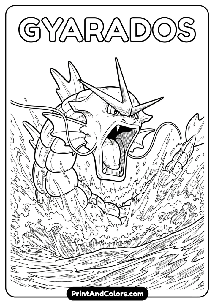 Gyarados rising from the ocean – powerful Pokemon coloring page.