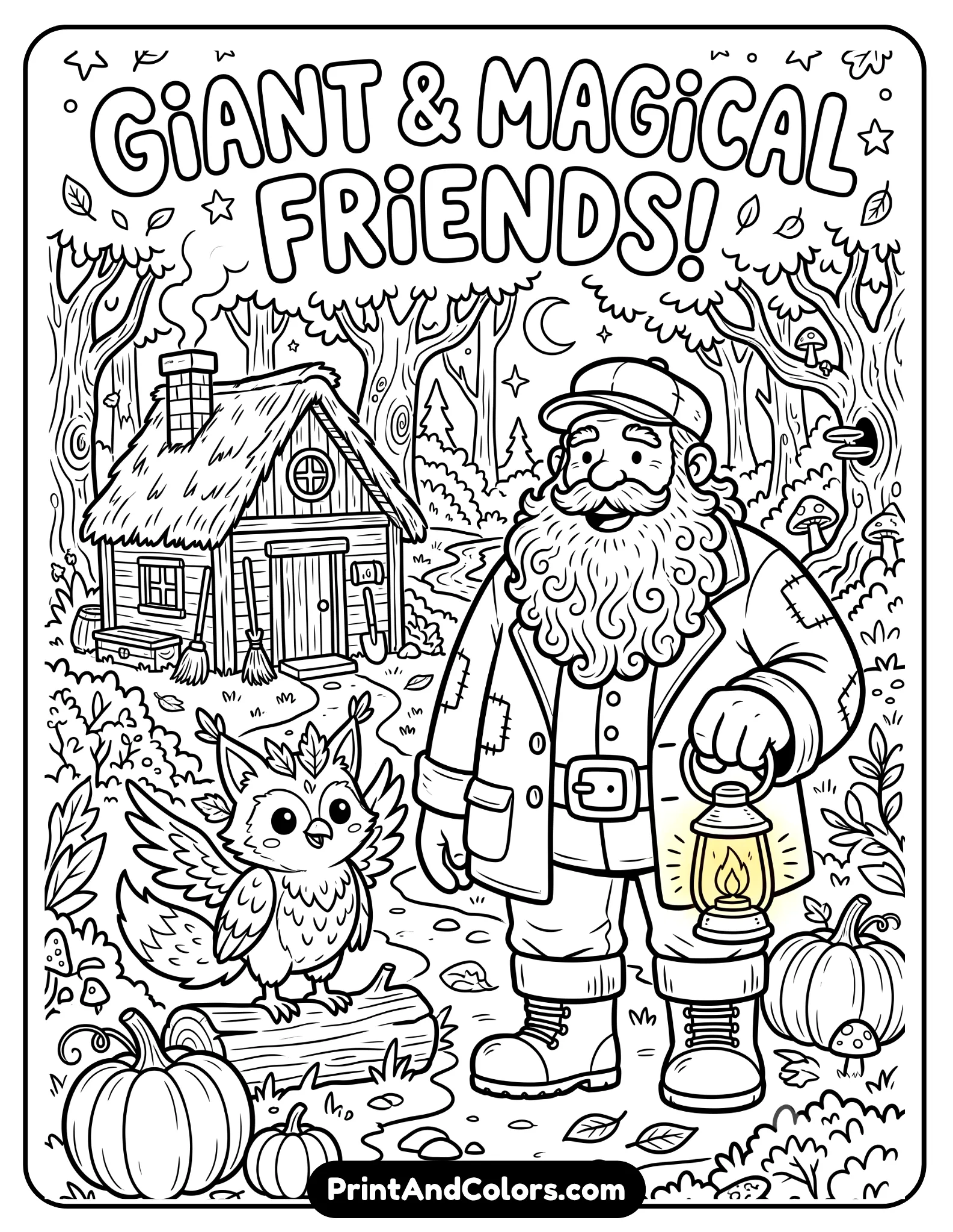 Fun black and white coloring page of a giant friendly groundskeeper with a bushy beard holding a lantern beside a magical forest creature. Include pumpkins, forest trees, wooden hut details, and simple fantasy scenery. Bold kid-friendly outlines, printable coloring book line art style