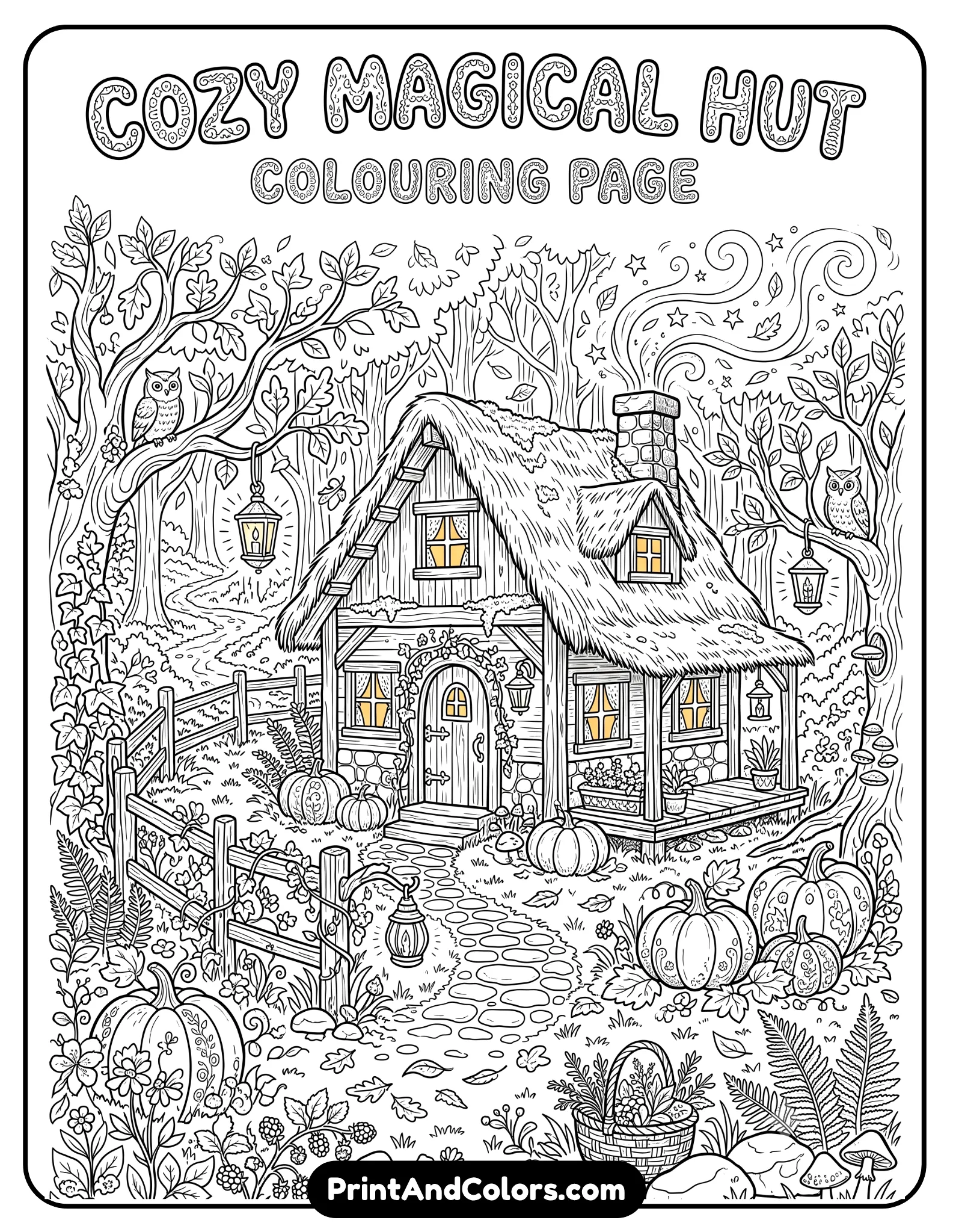 Cozy black and white coloring page of a rustic magical hut surrounded by pumpkins, trees, lanterns, wooden fences, and forest plants. Include smoke coming from chimney and fantasy woodland details. Printable line art coloring page style with charming magical cottage atmosphere