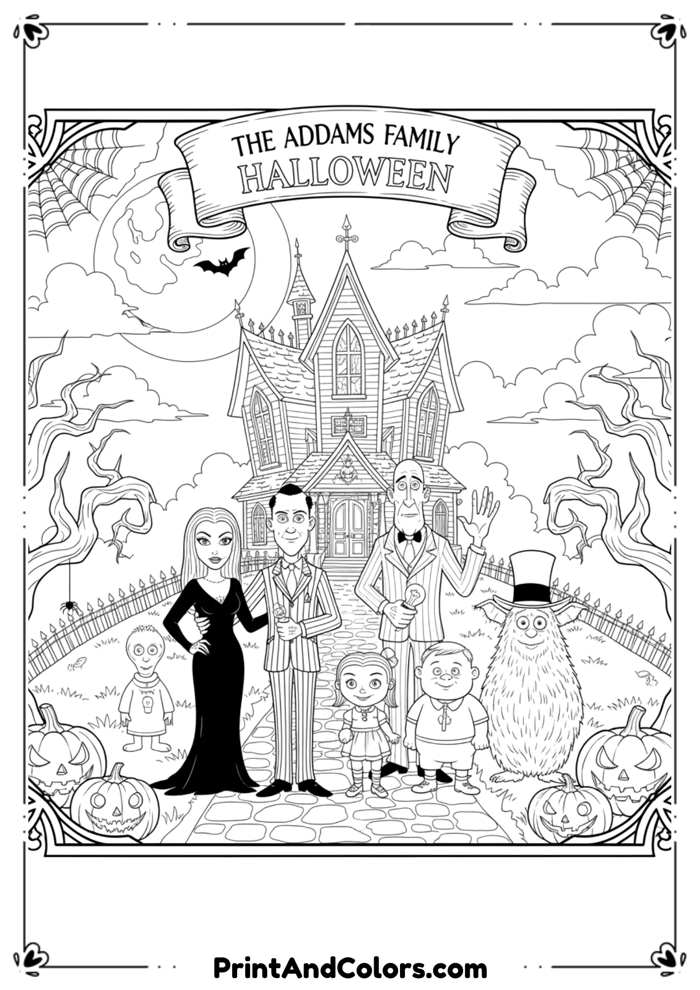 Addams Family characters in Halloween theme with haunted mansion, outlined in cartoon style.
