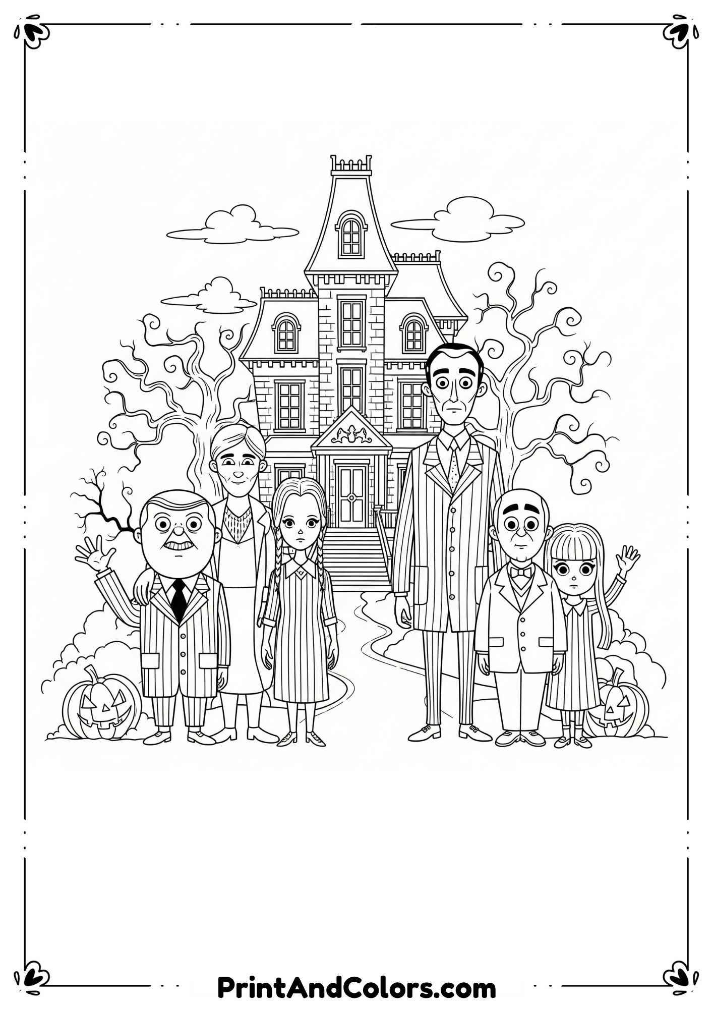 Addams Family characters in Halloween theme with haunted mansion, outlined in cartoon style.