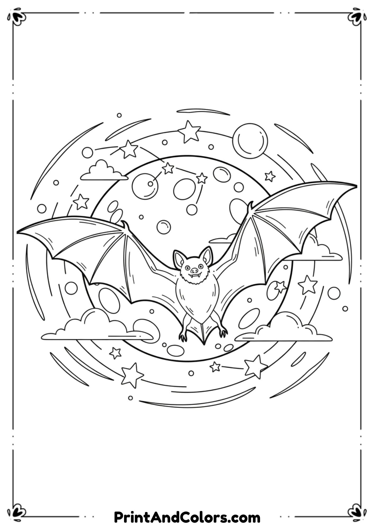 Black-and-white bat with wide wings flying under full moon with stars, designed for coloring.
