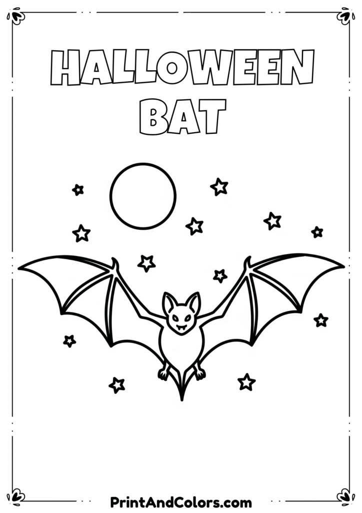 Black-and-white bat with wide wings flying under full moon with stars, designed for coloring.