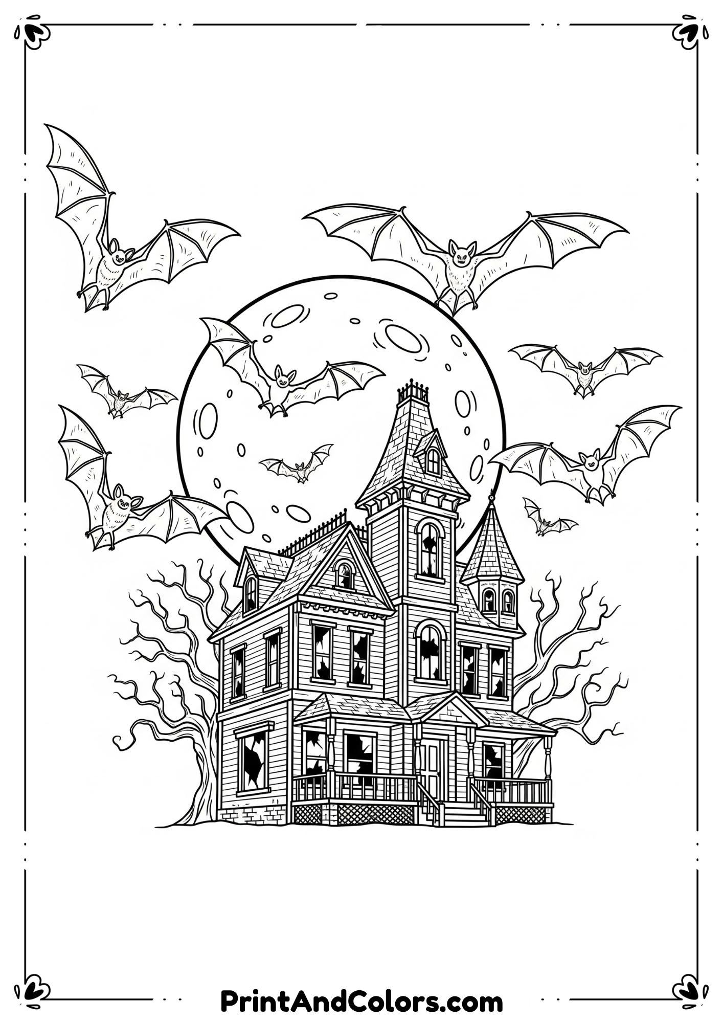 Multiple bats flying around haunted house under full moon in simple line art.