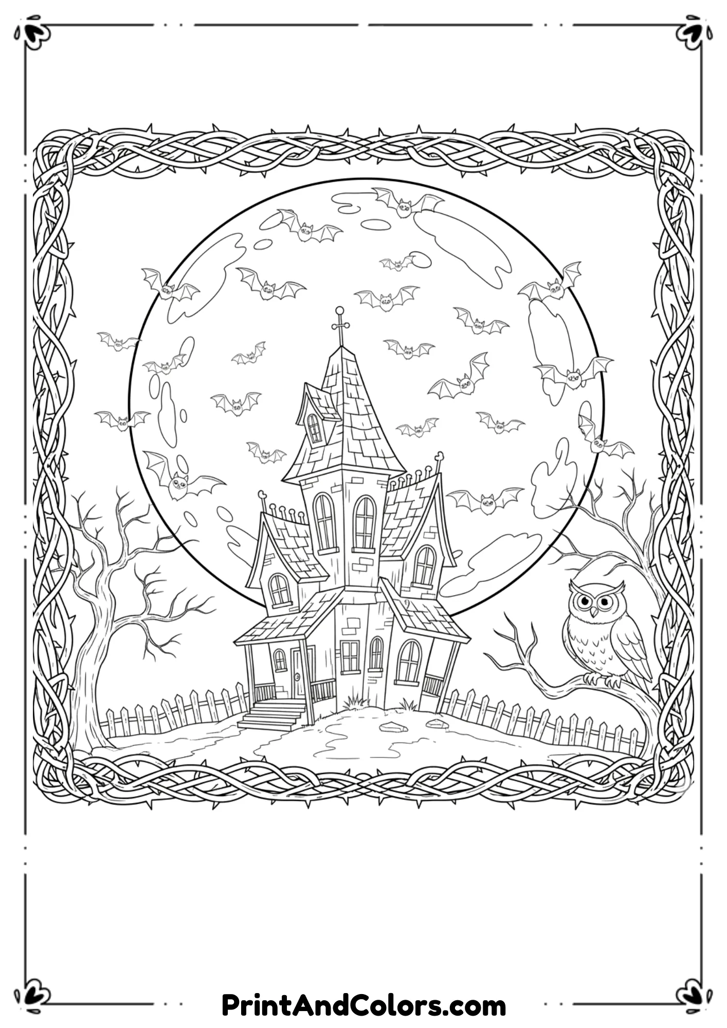 Multiple bats flying around haunted house under full moon in simple line art.
