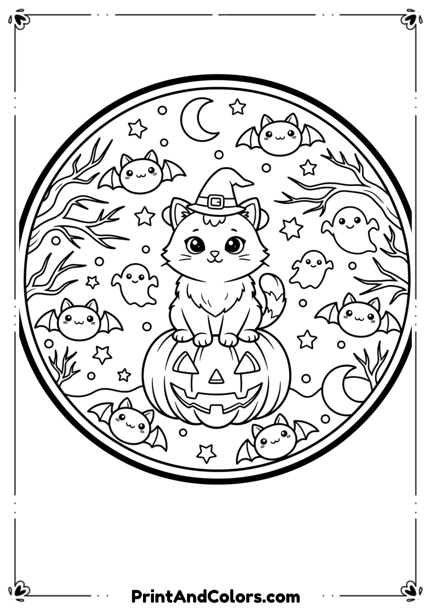 Cute and spooky Halloween cat sitting on a pumpkin with bats flying around, outlined in black and white.
