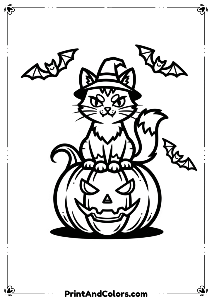 Cute and spooky Halloween cat sitting on a pumpkin with bats flying around, outlined in black and white.