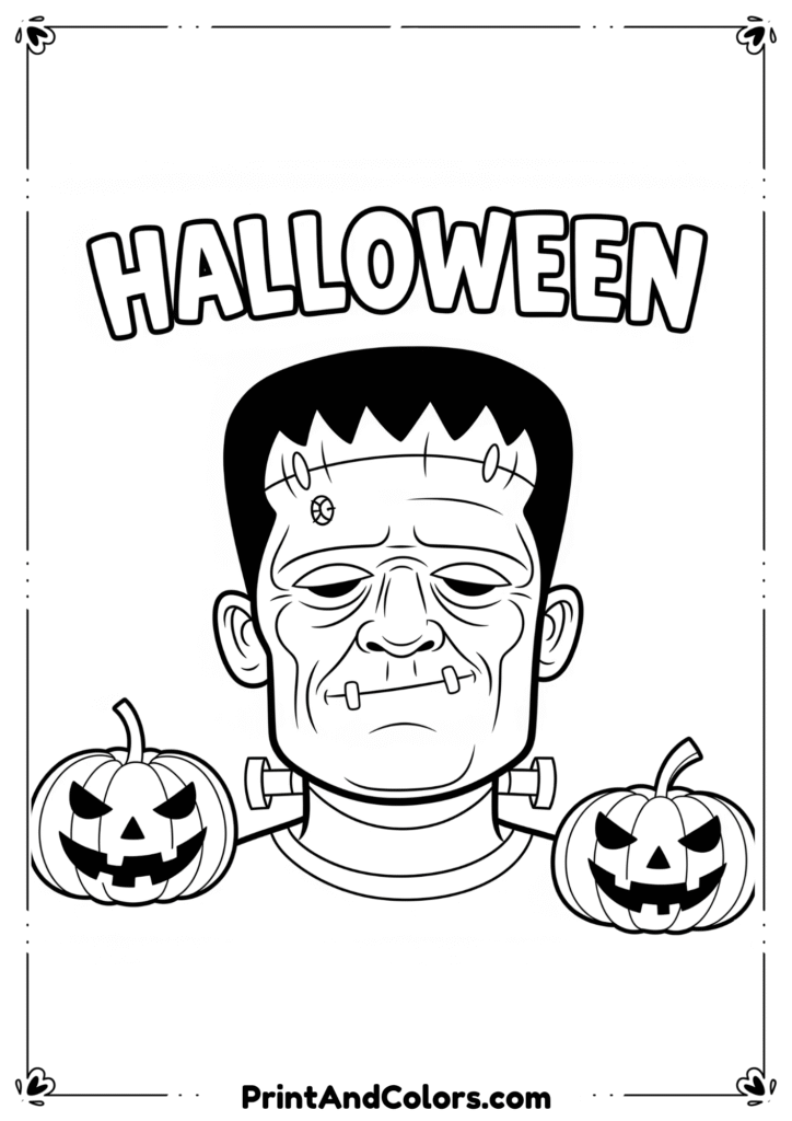 Cartoon Frankenstein holding candy bag, pumpkins around him, in black-and-white coloring style.