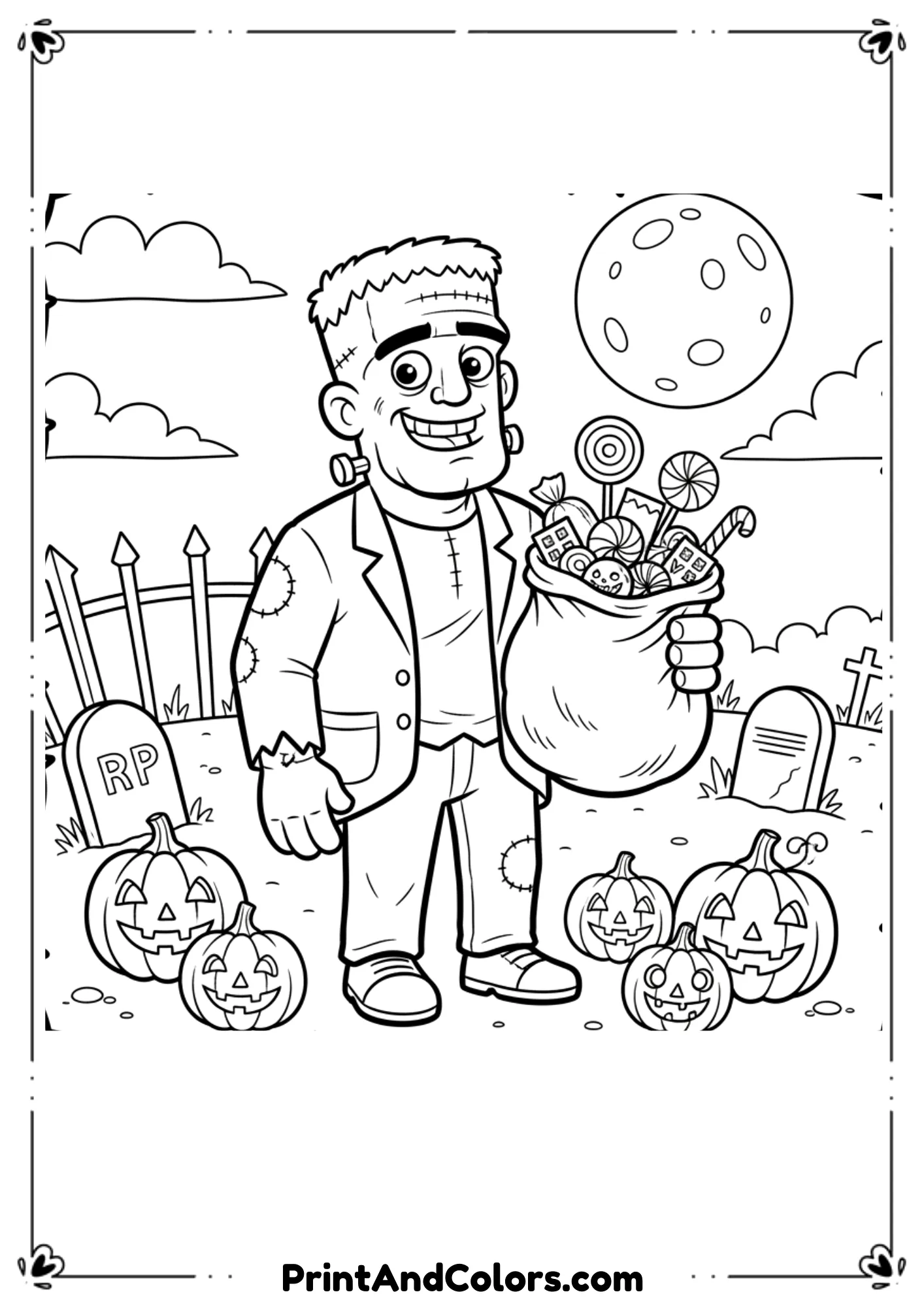 Cartoon Frankenstein holding candy bag, pumpkins around him, in black-and-white coloring style.
