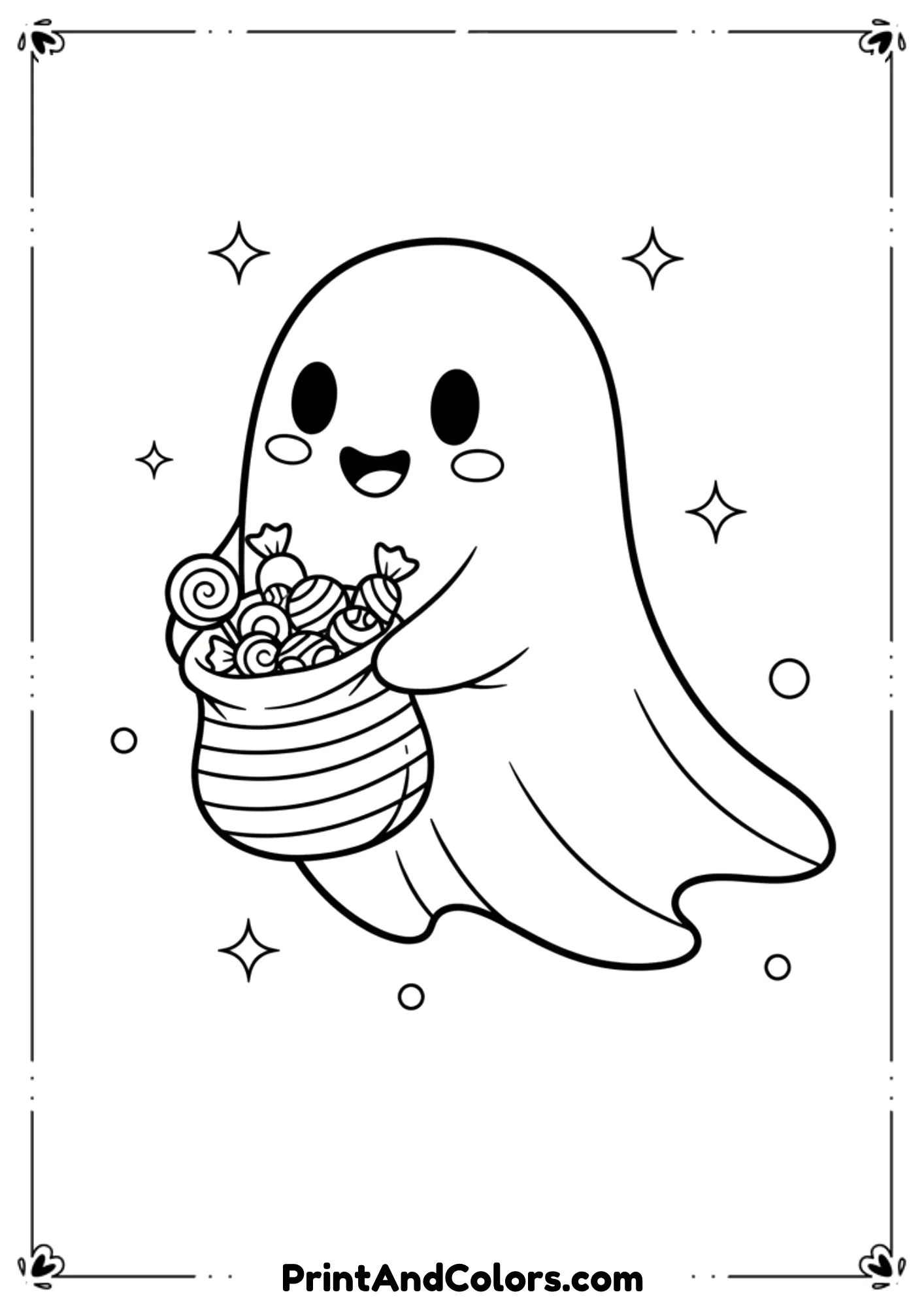 Cute ghost floating with candy bag, smiling face, and stars in simple line drawing.
