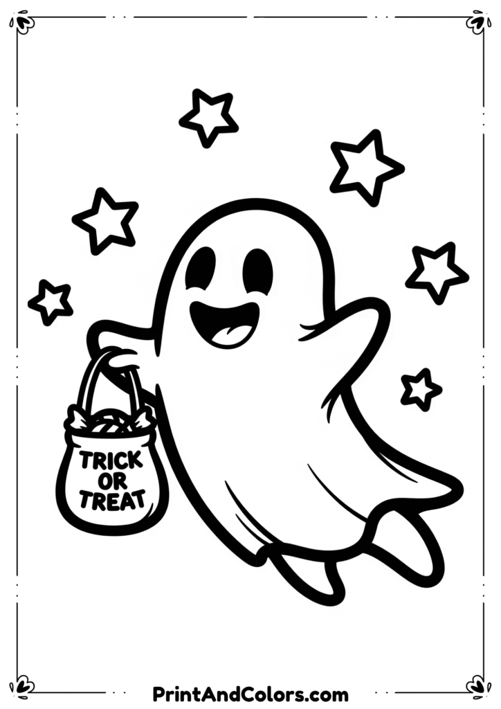 Cute ghost floating with candy bag, smiling face, and stars in simple line drawing.