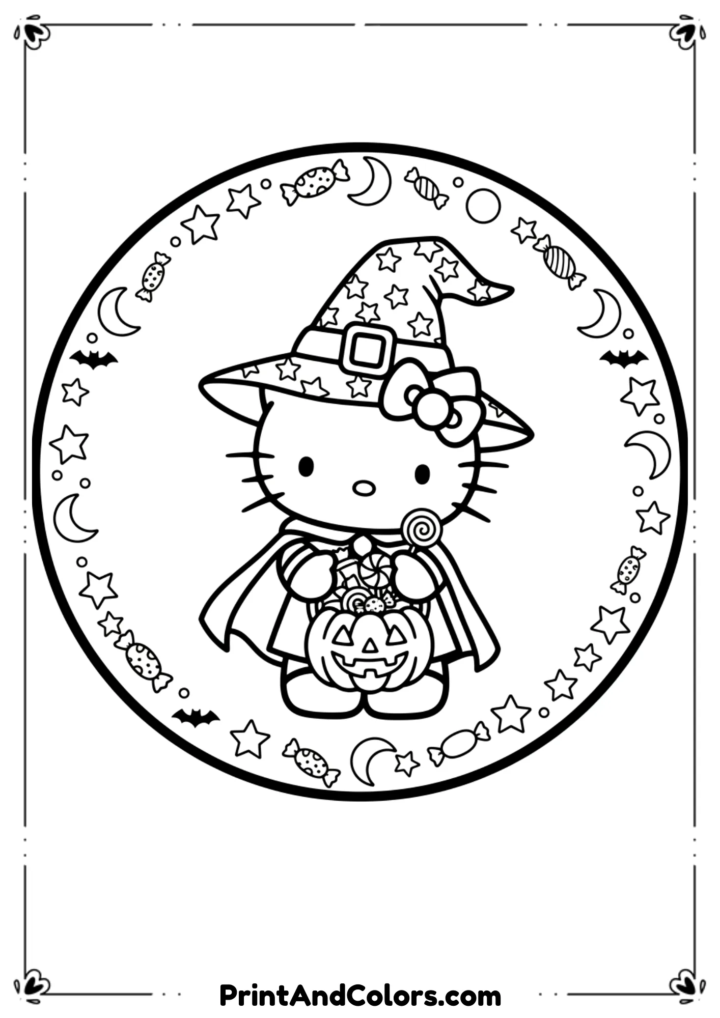 Hello Kitty dressed as a witch holding a pumpkin basket, surrounded by stars and candy in cute line art.