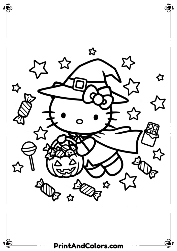 Hello Kitty dressed as a witch holding a pumpkin basket, surrounded by stars and candy in cute line art