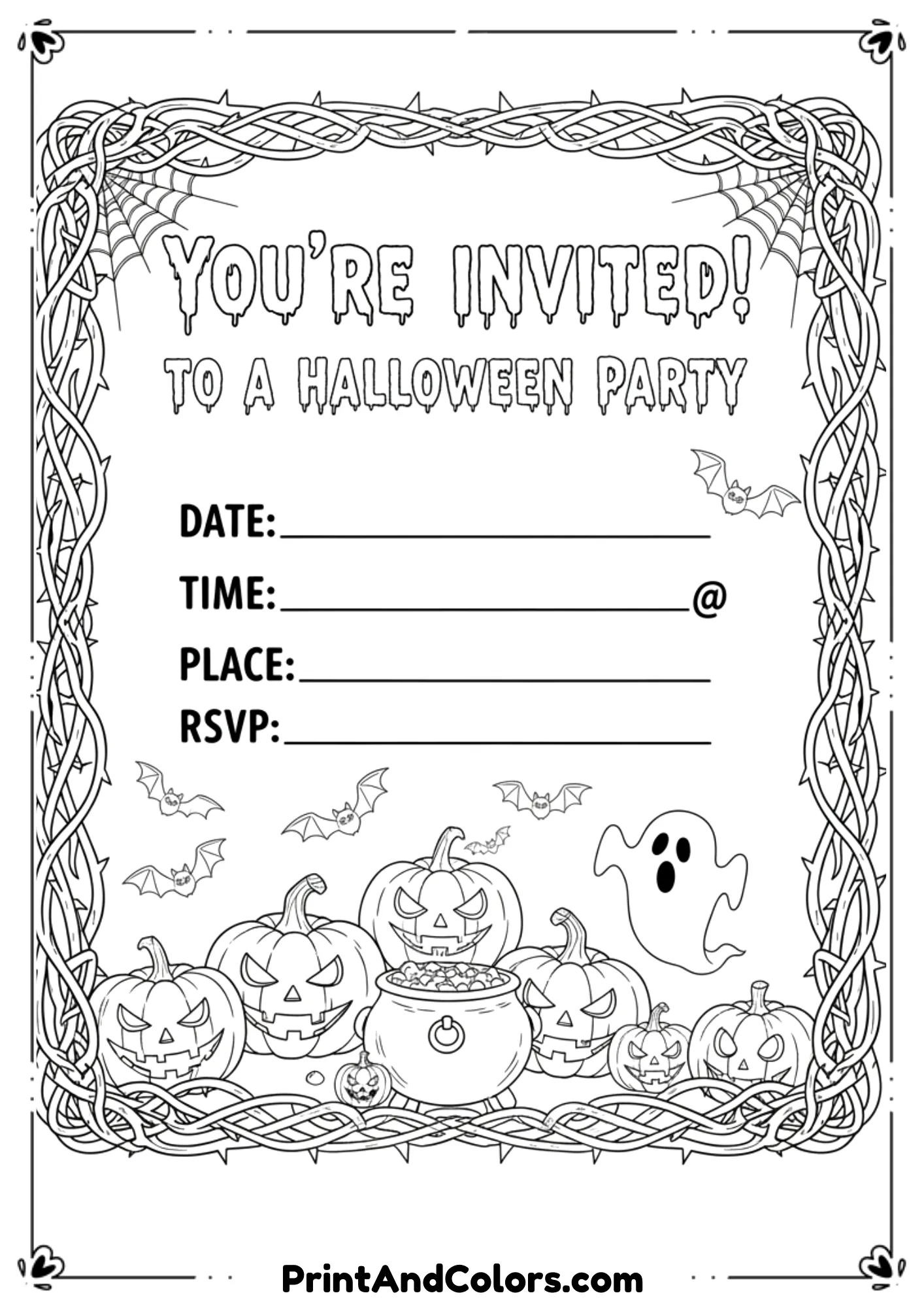  Black-and-white decorative Halloween invitation template with pumpkins, bats, and spooky borders.
