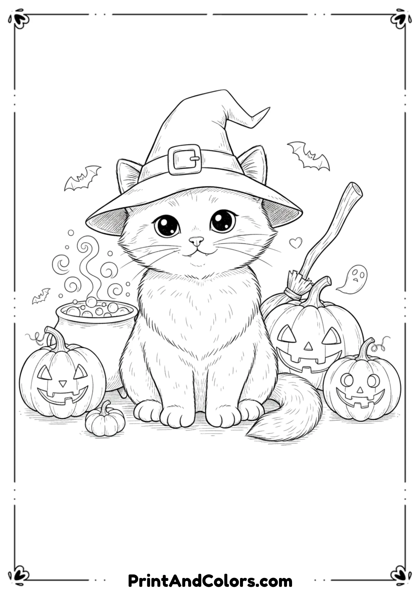 Halloween kitten with witch hat and pumpkins around, spooky yet cute line art illustration.
