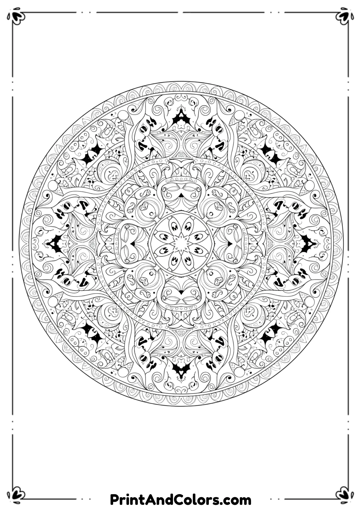 Mandala pattern with pumpkins, ghosts, and bats in intricate black-and-white style for adults.
