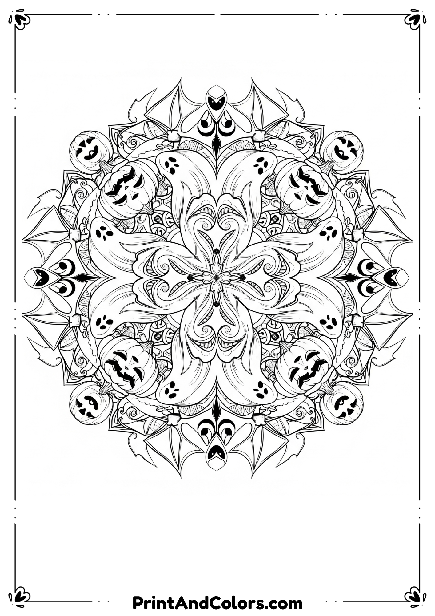 Mandala pattern with pumpkins, ghosts, and bats in intricate black-and-white style for adults.