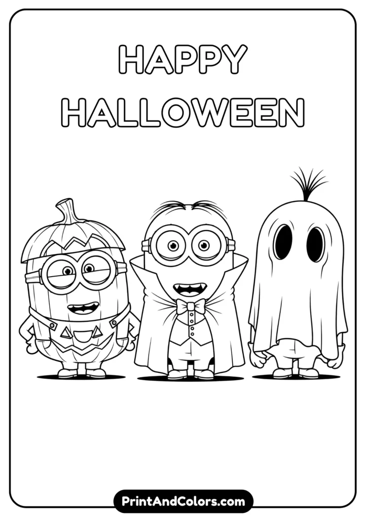 Minions dressed in Halloween costumes (pumpkin, vampire, ghost), black-and-white cartoon line art