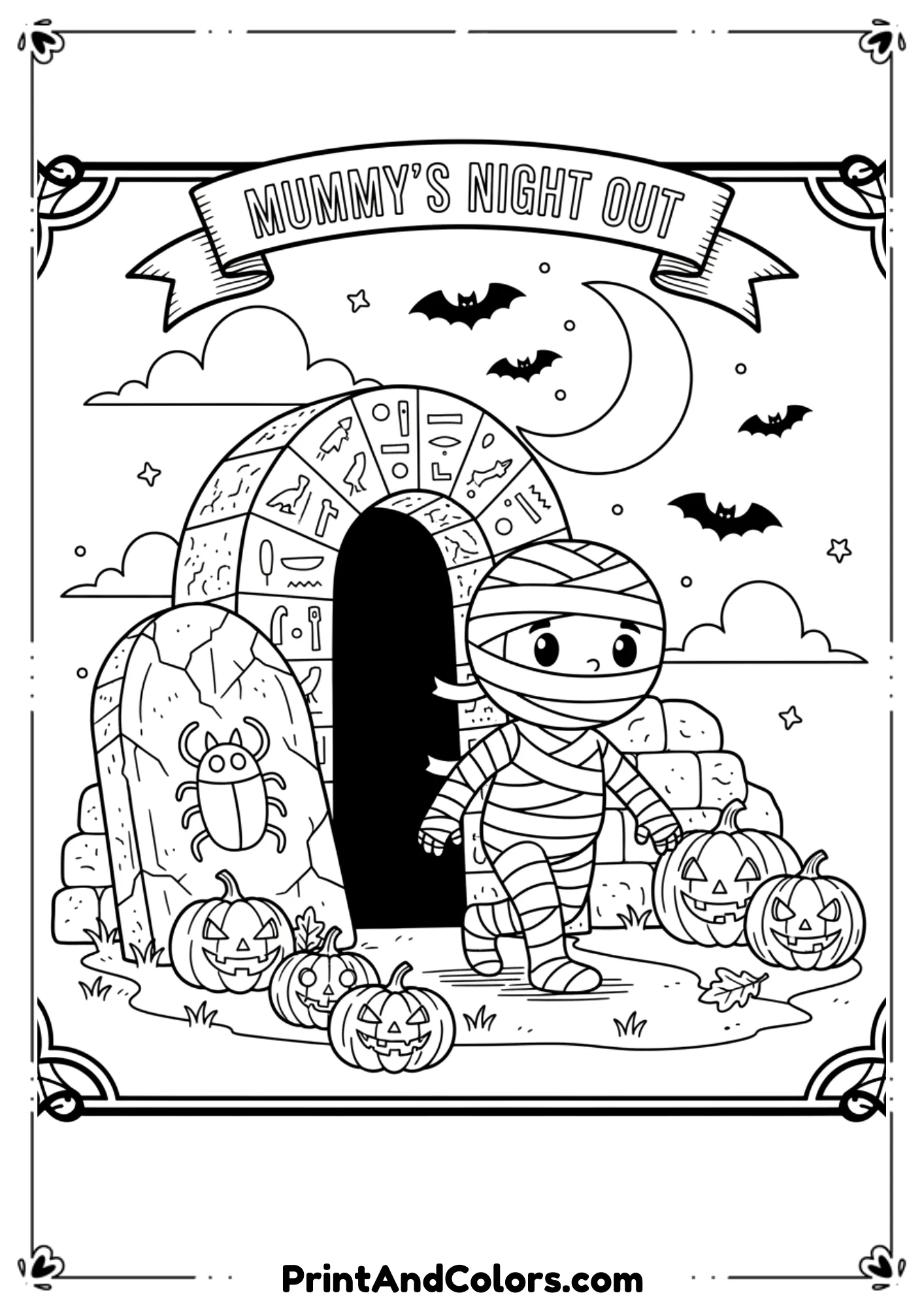 Wrapped mummy character walking out of tomb with bats and pumpkins, outlined for coloring.
