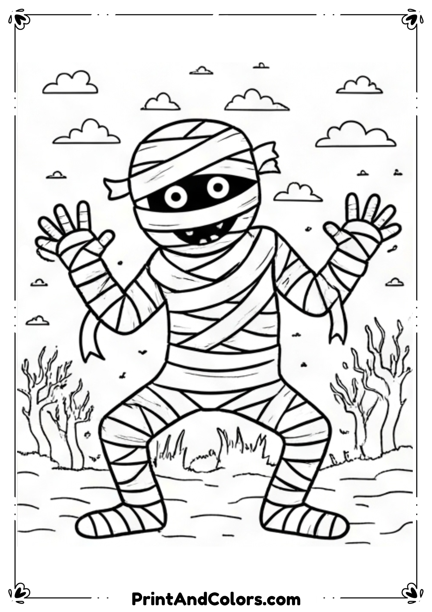 : Wrapped mummy character walking out of tomb with bats and pumpkins, outlined for coloring.
