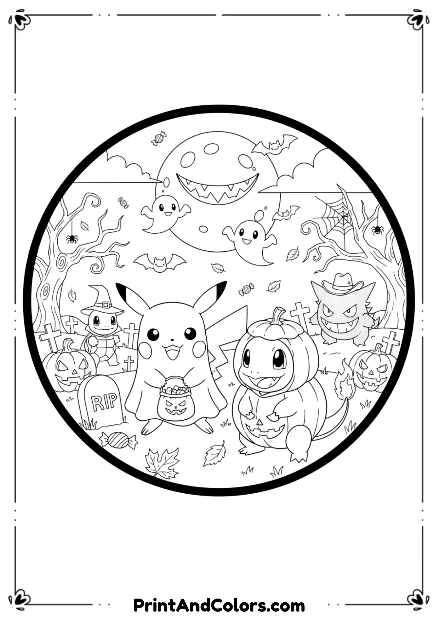  Pikachu dressed as a ghost, Charmander as a pumpkin, and other Pokémon in Halloween costumes, black-and-white style.
