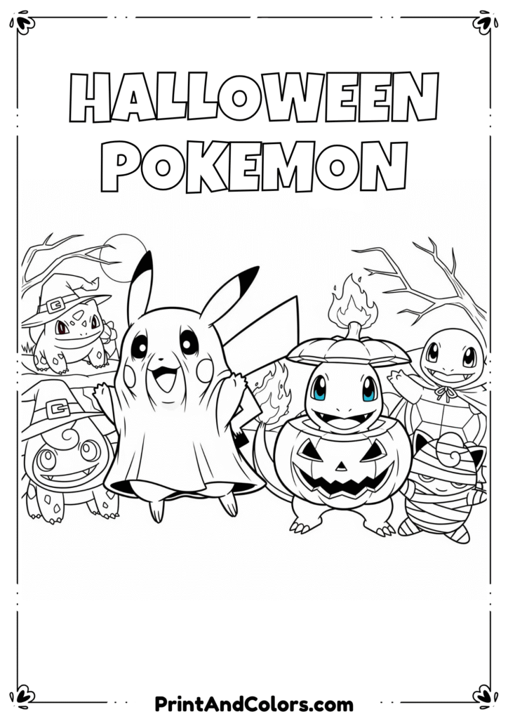 Pikachu dressed as a ghost, Charmander as a pumpkin, and other Pokémon in Halloween costumes, black-and-white style.