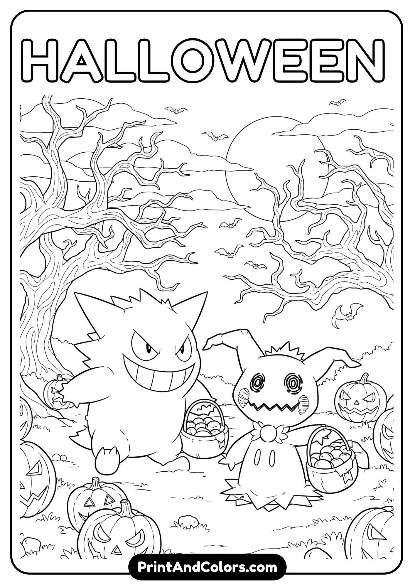 Gengar and friends celebrating Halloween, spooky line art