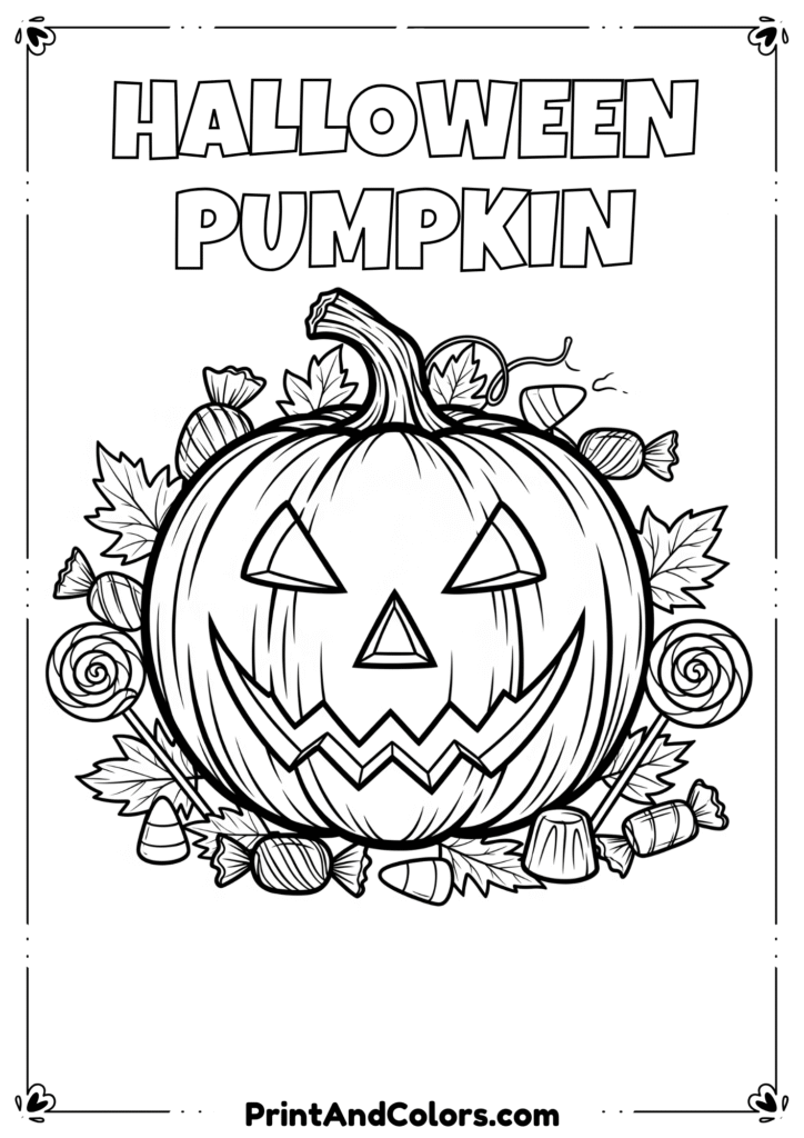 Jack-o’-lantern pumpkin with carved face, surrounded by leaves and candy in black line art.