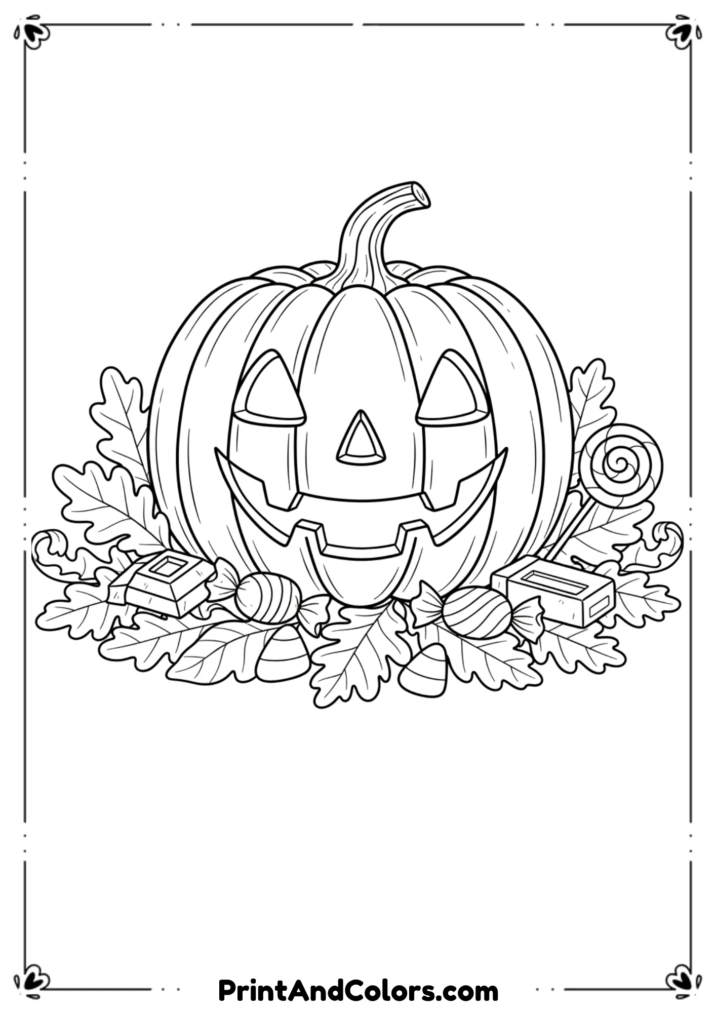 Jack-o’-lantern pumpkin with carved face, surrounded by leaves and candy in black line art.