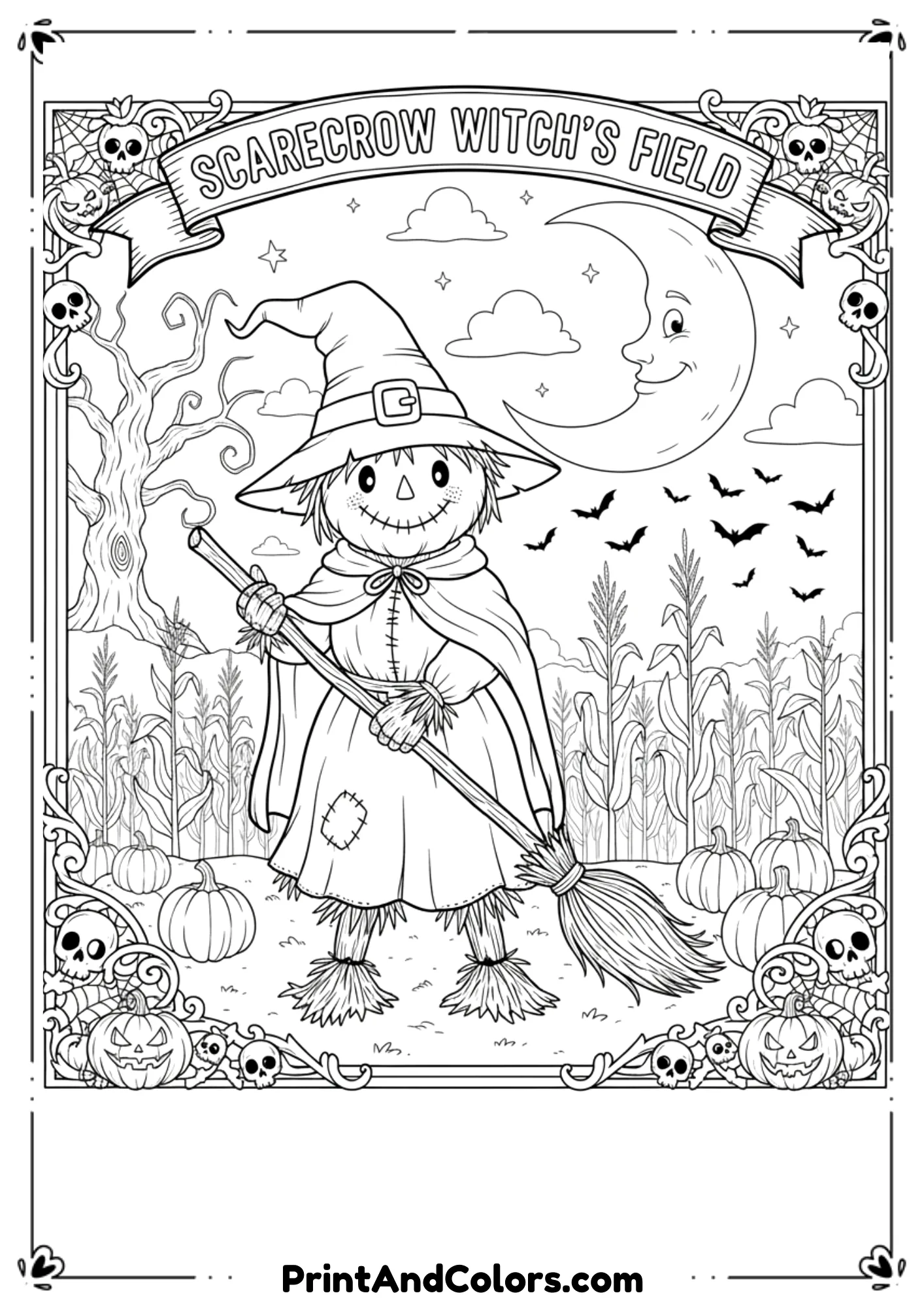 Scarecrow dressed as a witch with hat and broom, standing in a field with moon in background, line art.
