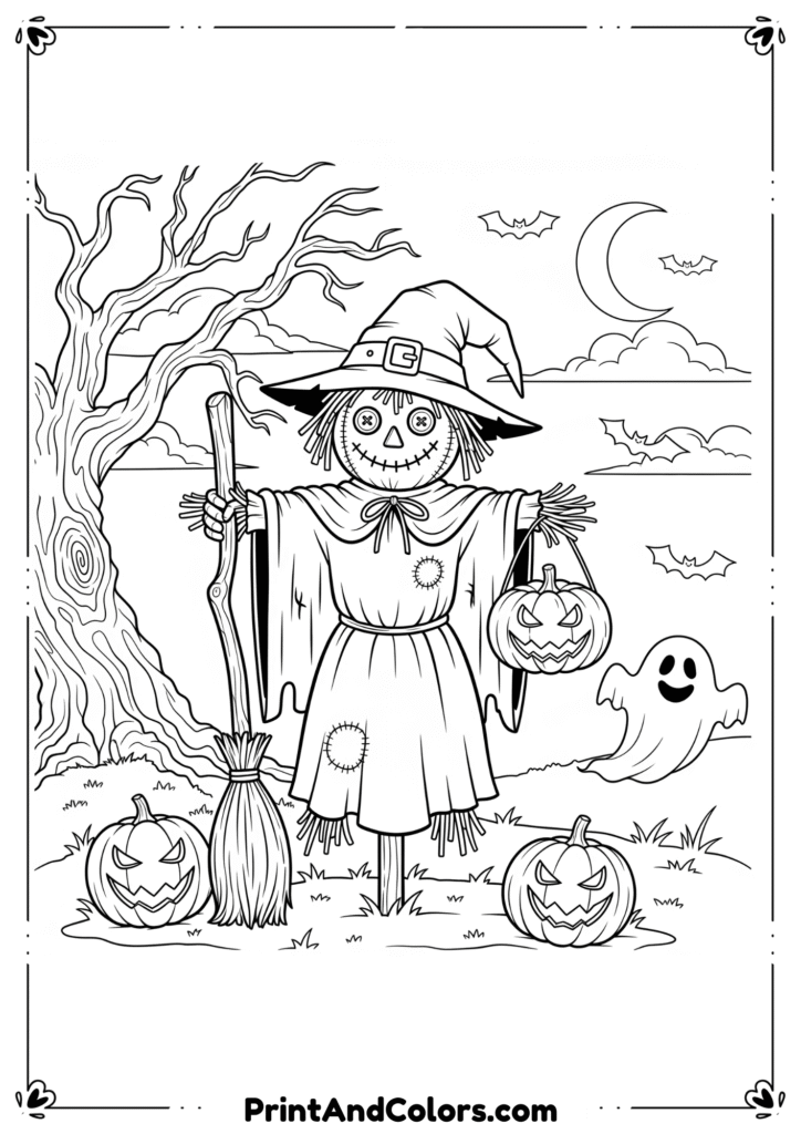 Scarecrow dressed as a witch with hat and broom, standing in a field with moon in background, line art.