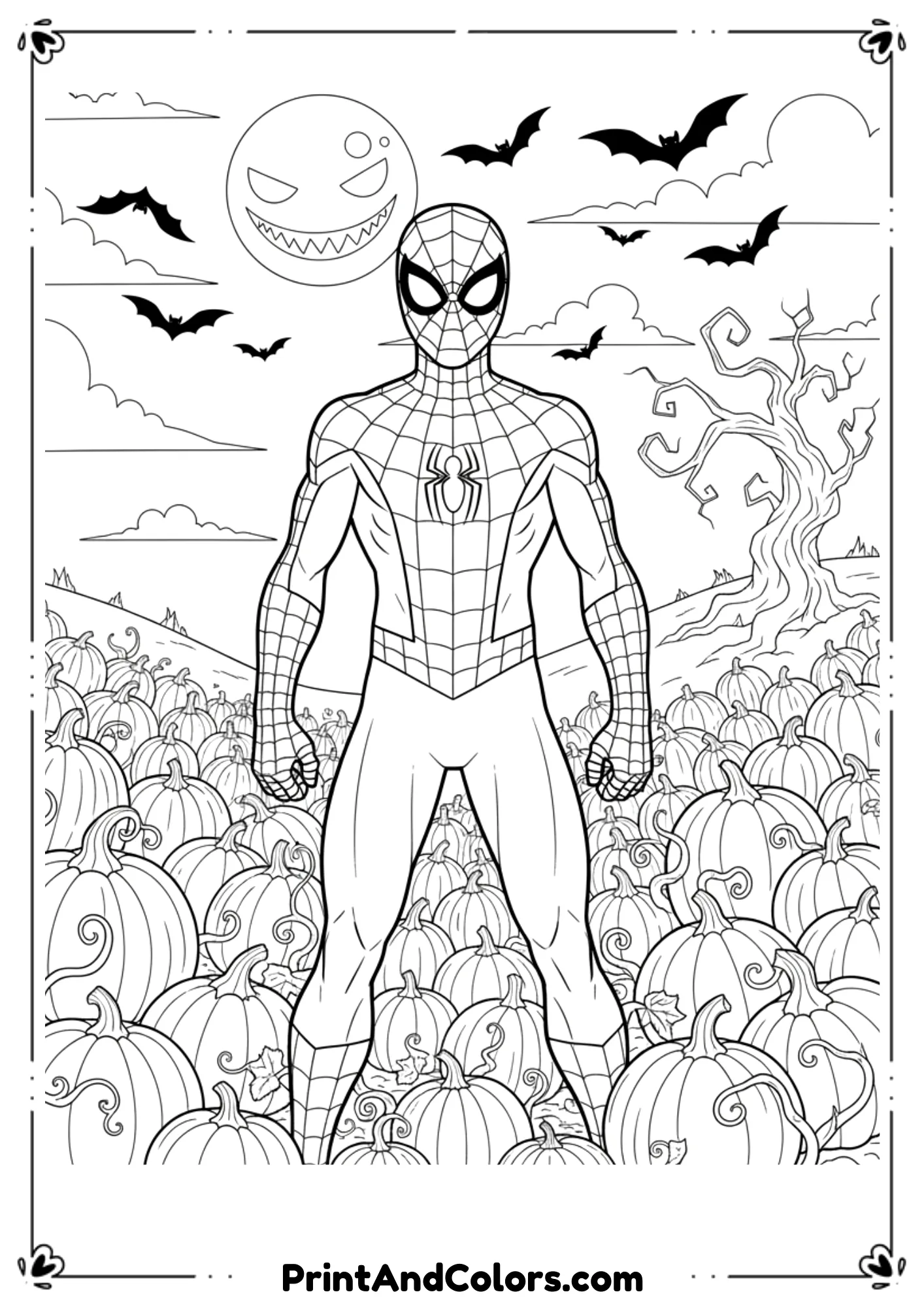 Spider-Man in a pumpkin patch, spooky bats in the background, wearing a Halloween-themed mask.
