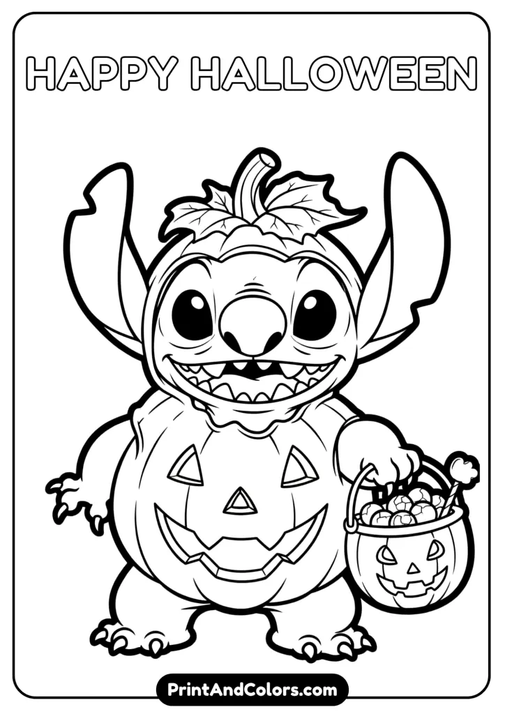 Stitch dressed as a pumpkin for Halloween, holding a candy bucket