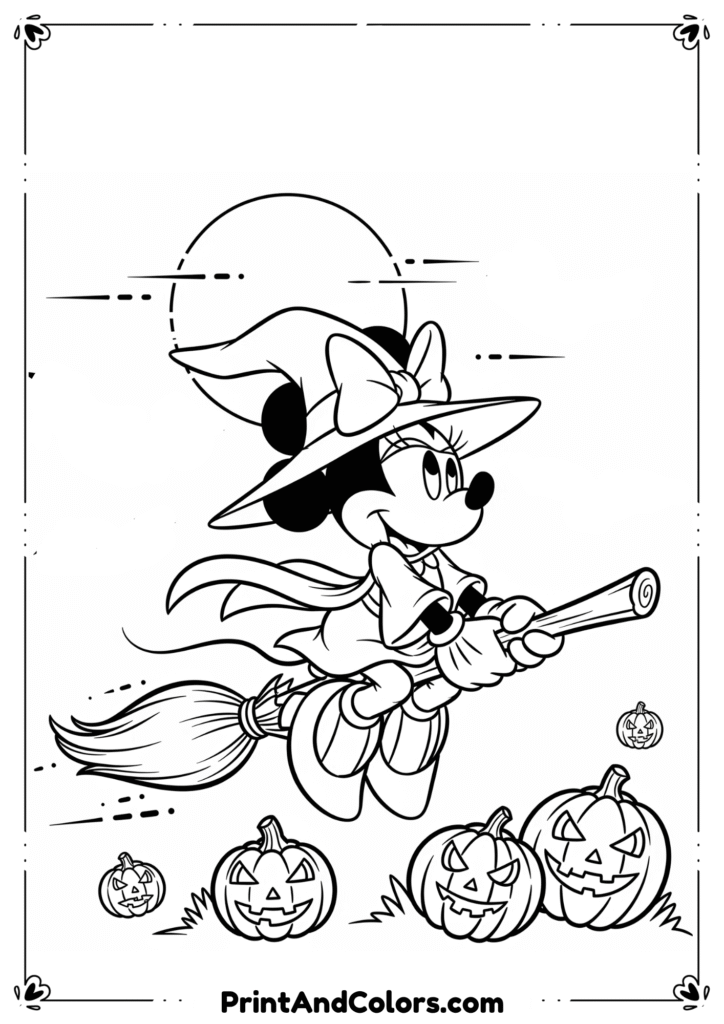 Minnie Mouse in witch costume flying on a broomstick with pumpkins and bats in black-and-white outline.