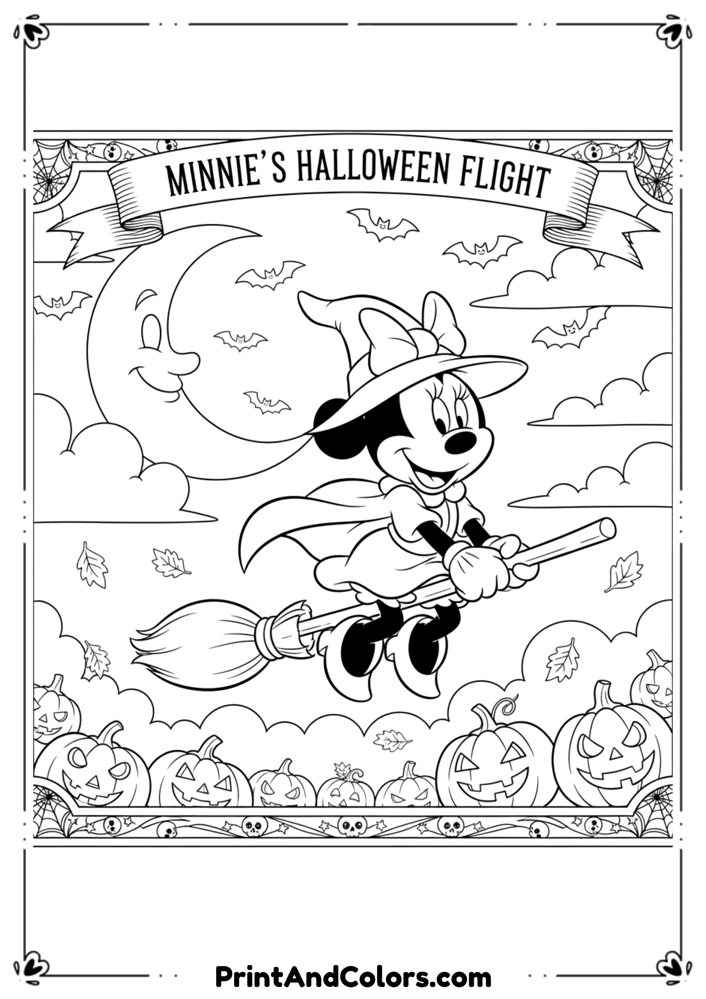 Minnie Mouse in witch costume flying on a broomstick with pumpkins and bats in black-and-white outline.
