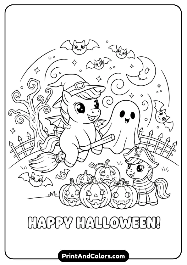 Design a black and white Halloween-themed coloring page with ponies wearing costumes, pumpkins, and bats. Cute not scary style, bold outlines, no shading.
