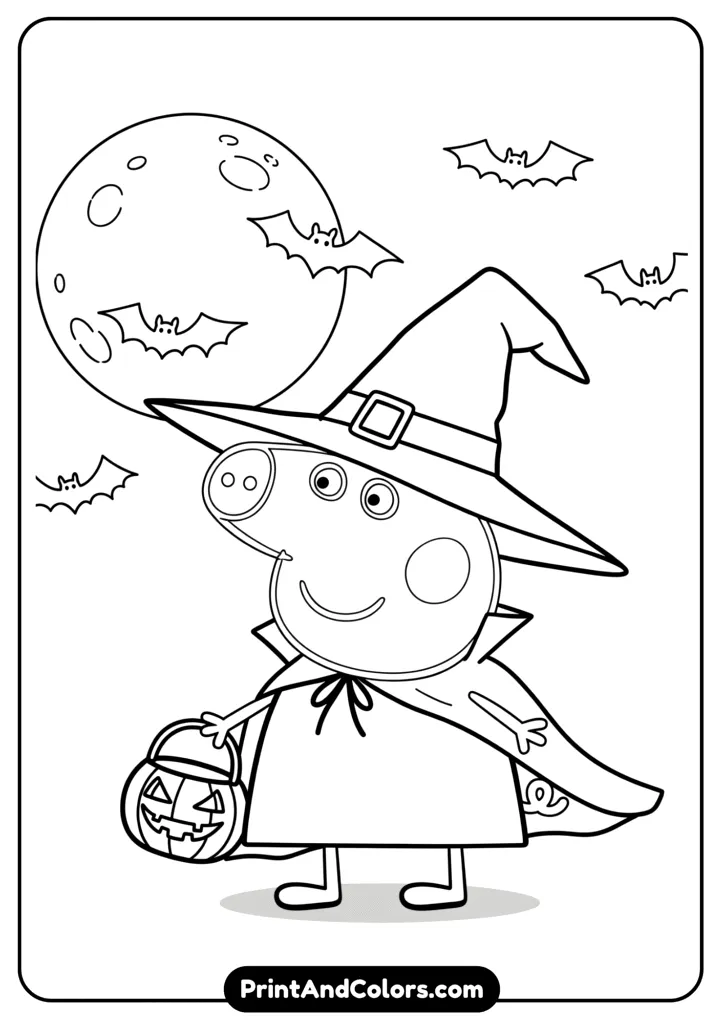 Peppa Pig wearing a witch hat and cape, holding a pumpkin basket, with bats and moon in background. Designed in black and white line art.