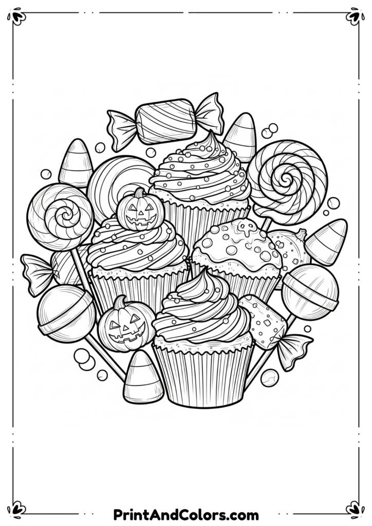 Candy corn, cupcakes, lollipops, and Halloween sweets in outlined black-and-white line art.