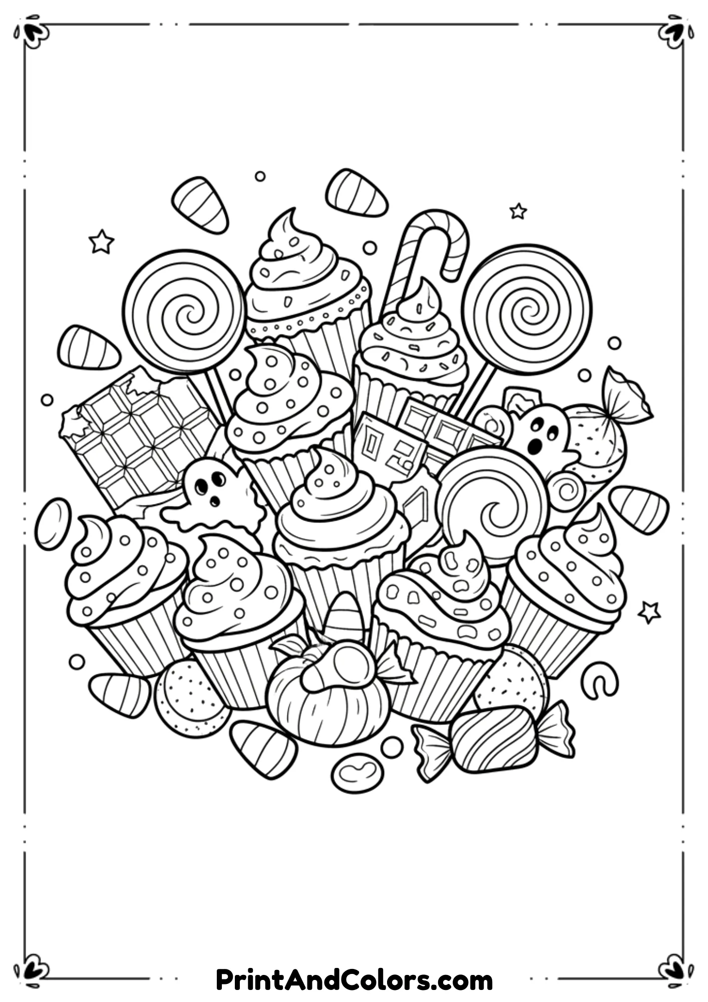 Candy corn, cupcakes, lollipops, and Halloween sweets in outlined black-and-white line art.