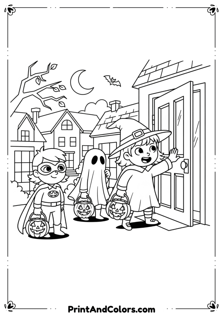 Children in costumes holding pumpkin baskets and knocking on doors, outlined in cartoon style.