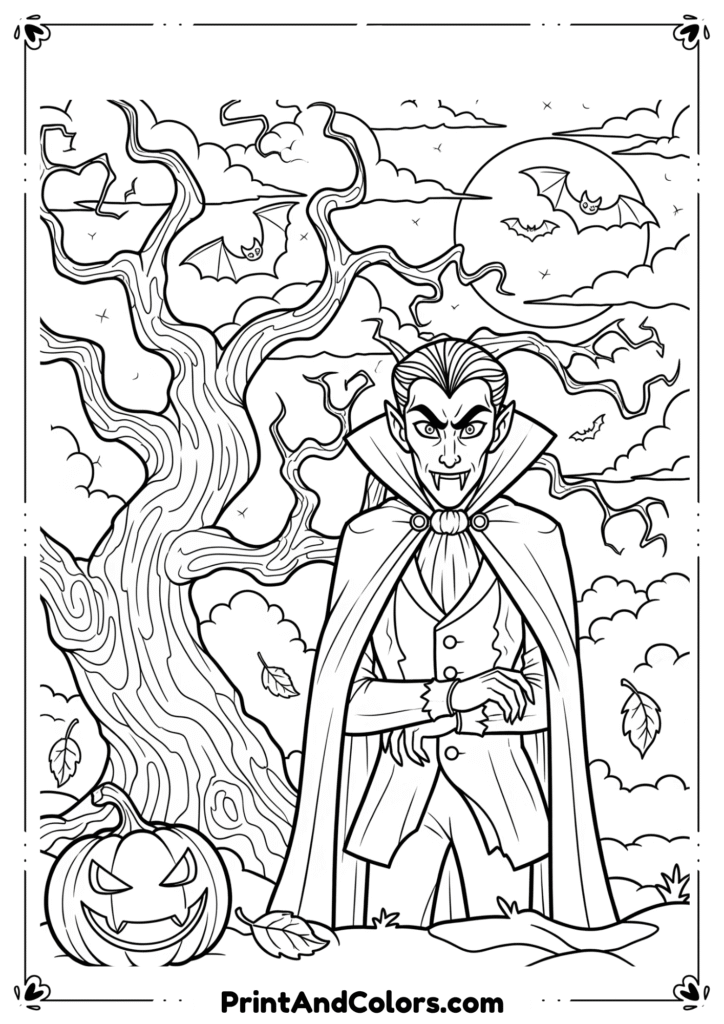 Vampire with cape, fangs, and haunted castle background in creepy line art.