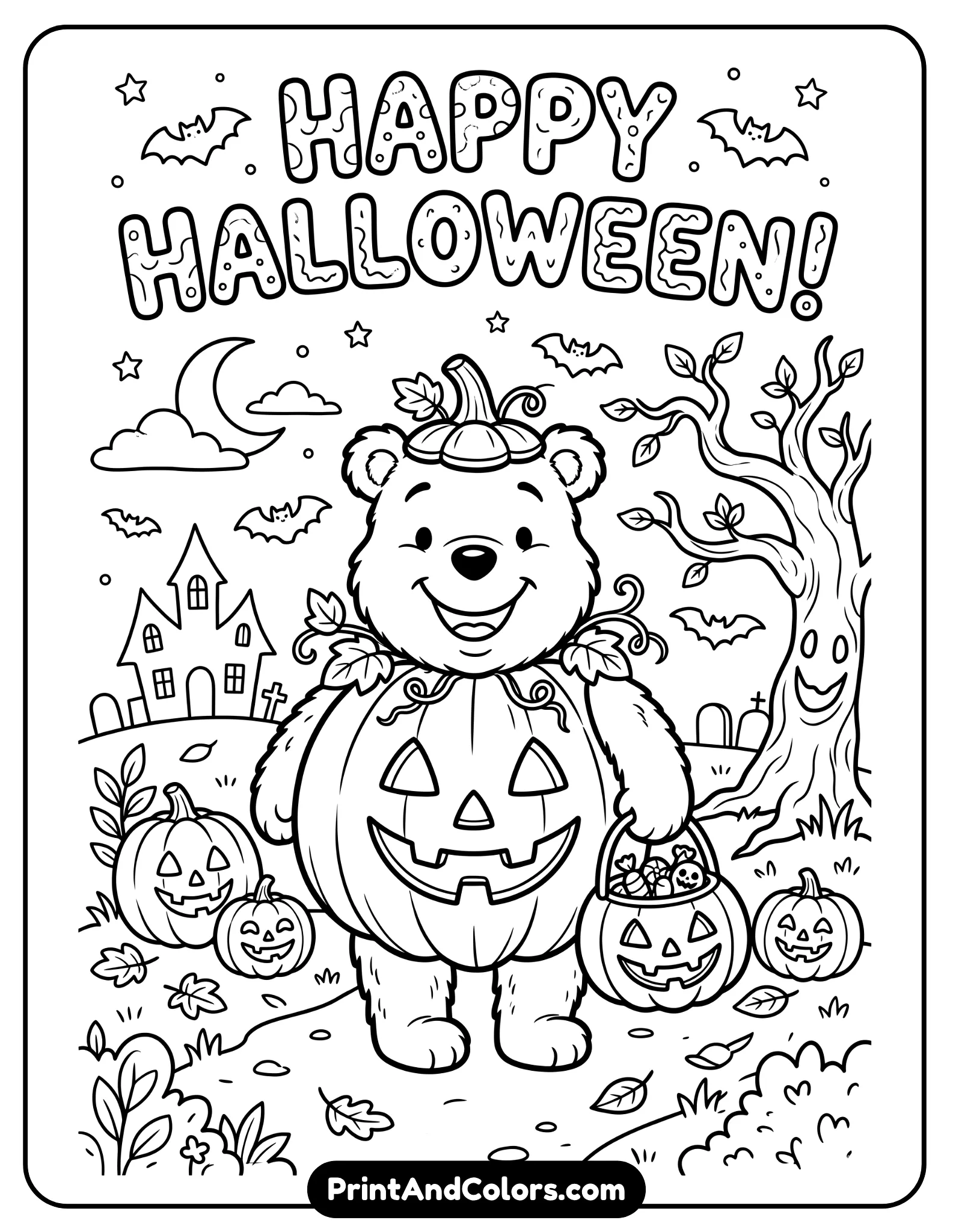 Halloween themed coloring page of Winnie the Pooh wearing a pumpkin costume, smiling and holding a trick-or-treat basket, pumpkins and bats around, simple spooky elements like a small haunted tree, bold cartoon outlines for kids coloring pages