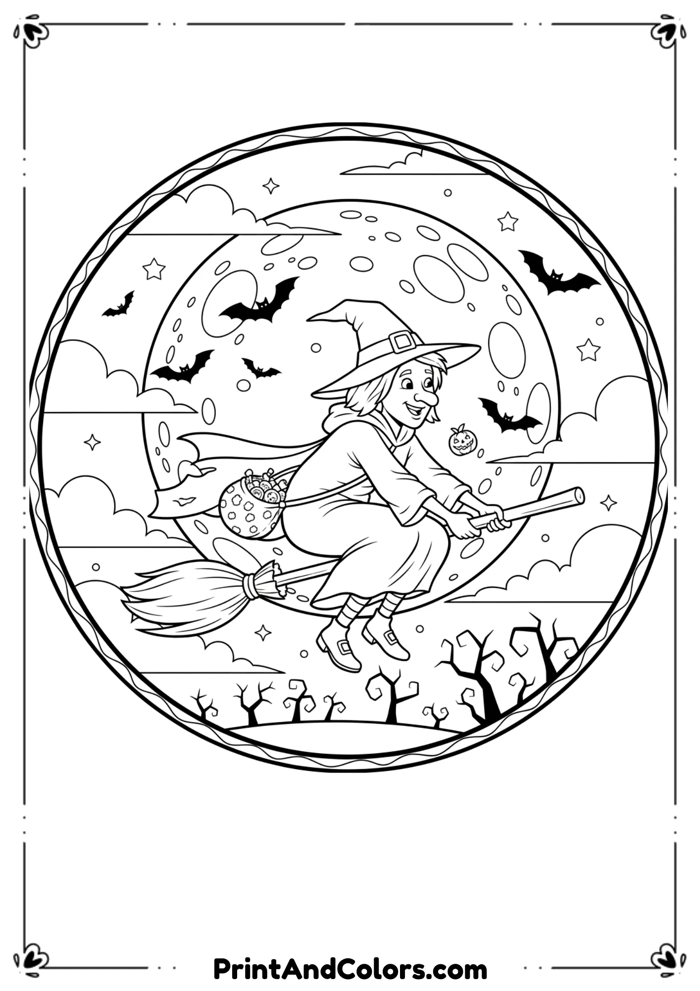 Classic witch flying on broomstick with full moon and bats in detailed black-and-white drawing.
