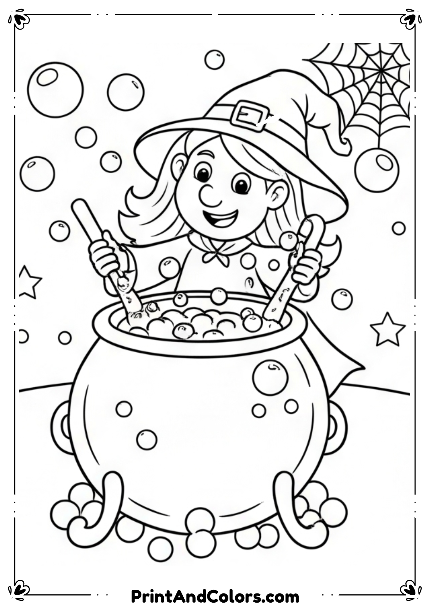 Classic witch flying on broomstick with full moon and bats in detailed black-and-white drawing.