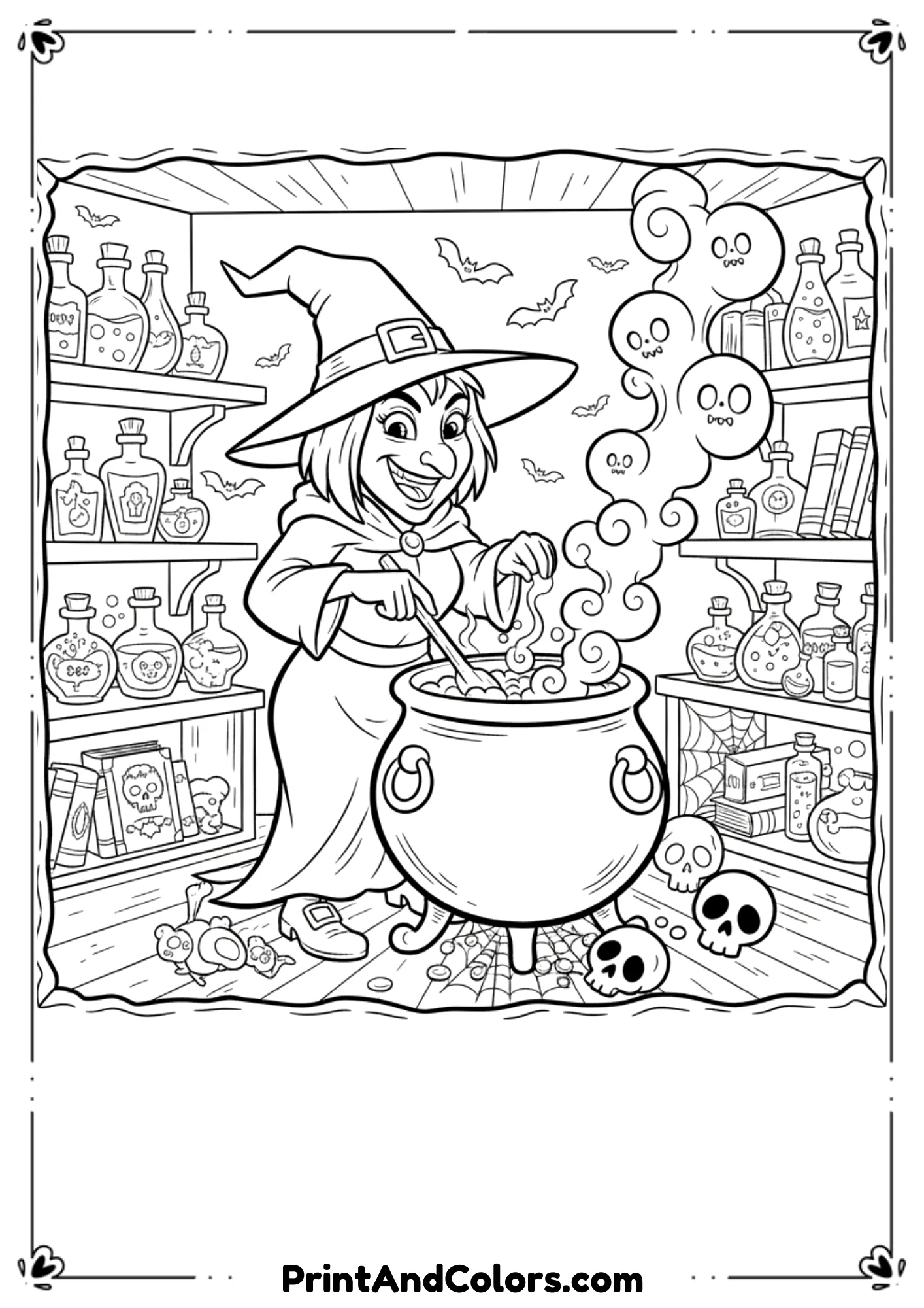 Witch making a magical brew with smoke, potion bottles, and bats in line art.
