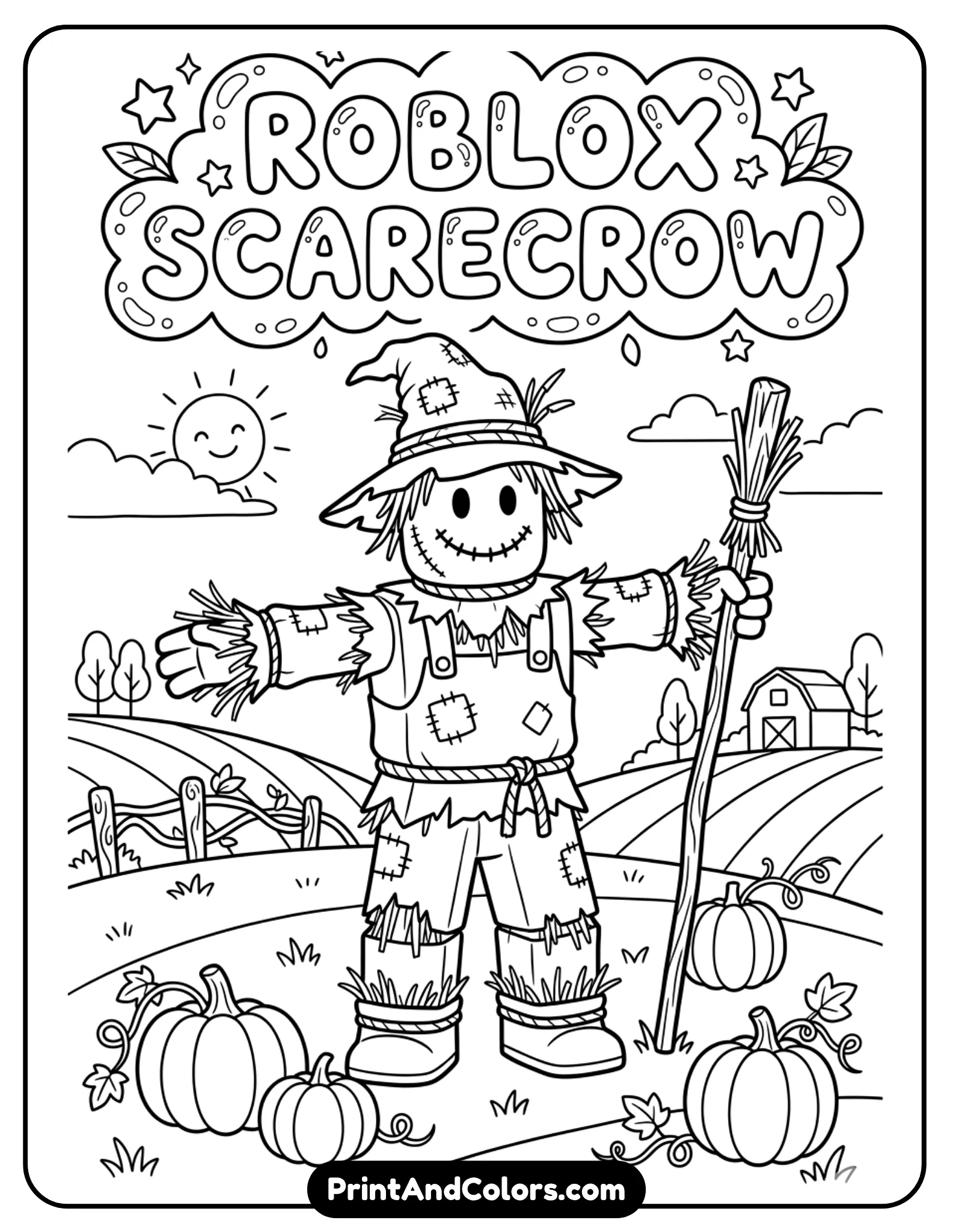 Roblox scarecrow character with hat, straw arms, stitched face, standing in a field with simple pumpkins, clean line art